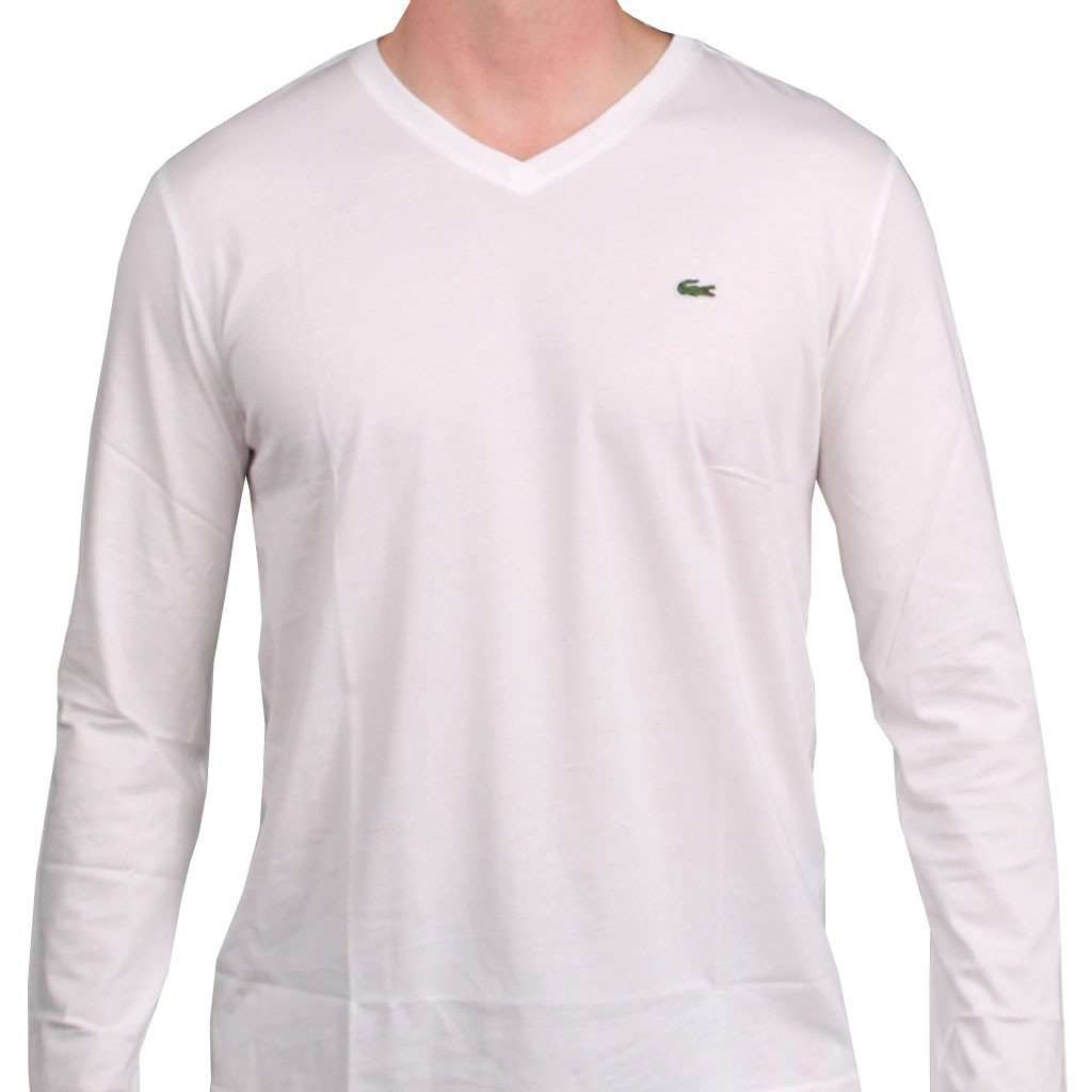 Long Sleeve Pima Jersey V-neck T-Shirt in White by Lacoste - Country Club Prep