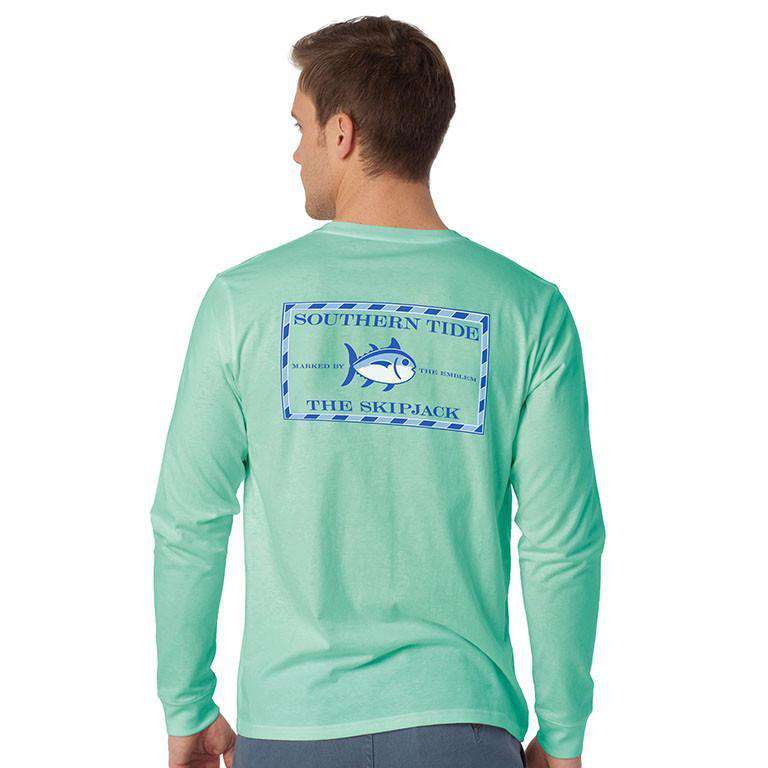 Long Sleeve Skipjack Sleeve Print Tee in Bermuda Teal by Southern Tide - Country Club Prep