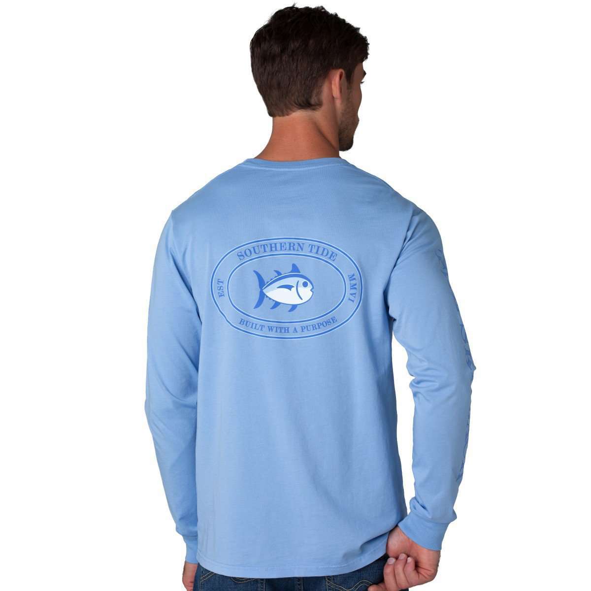 Long Sleeve Skipjack Sleeve Print Tee in True Blue by Southern Tide - Country Club Prep