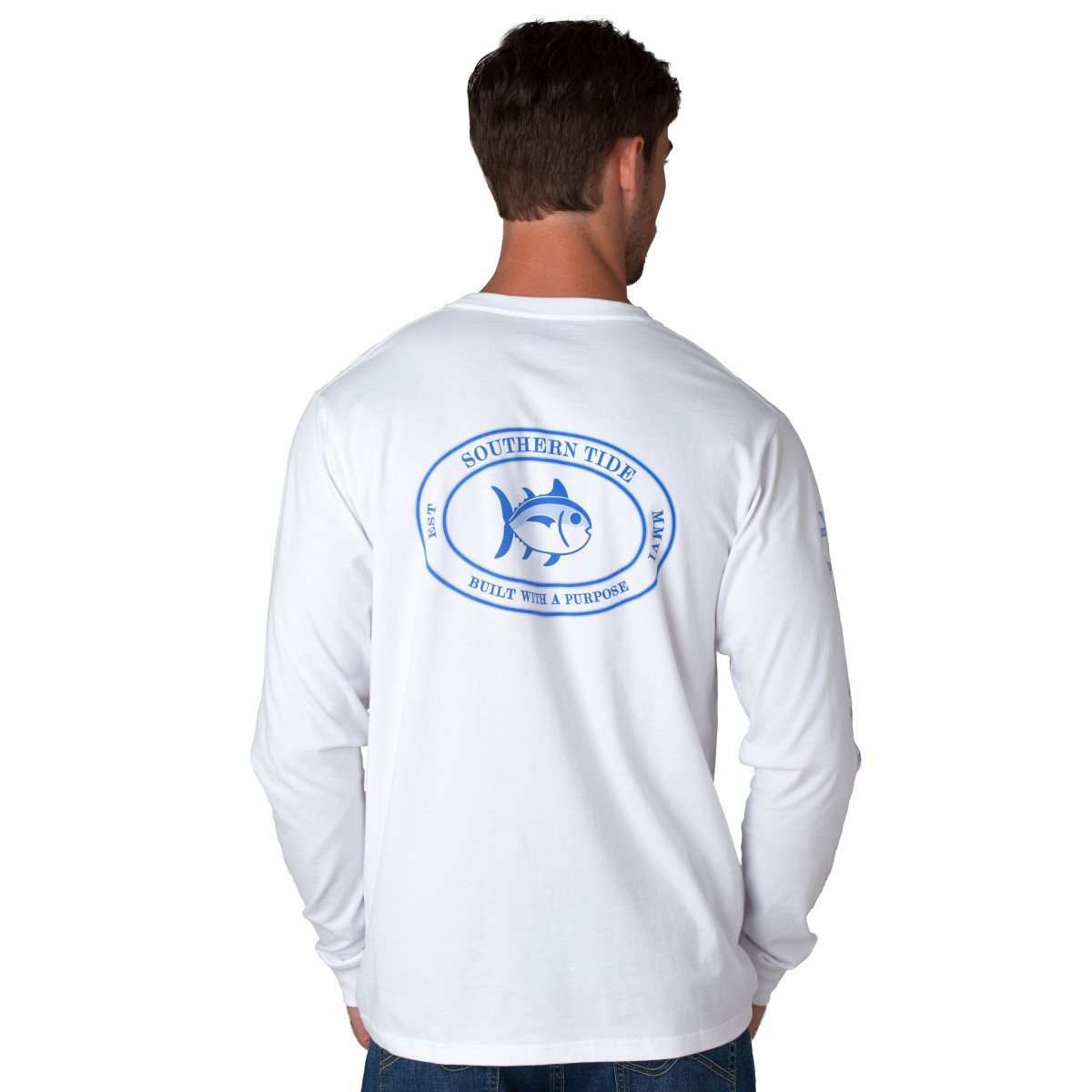 Long Sleeve Skipjack Sleeve Print Tee in White by Southern Tide - Country Club Prep