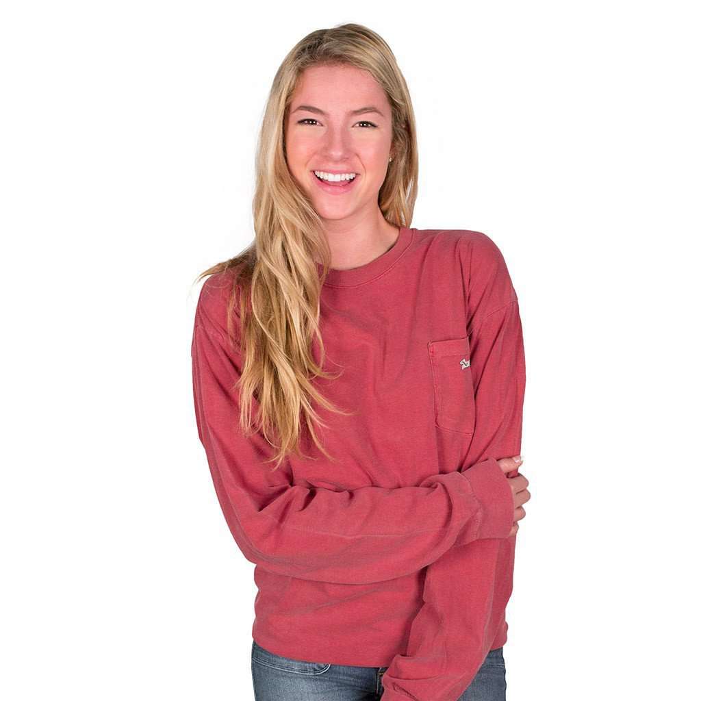 Longshanks Sewn Patch Long Sleeve Pocket Tee Shirt in Crimson by Country Club Prep - Country Club Prep