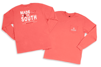 "Made in the South" Long Sleeve Pocket Tee in Sunset Red by High Cotton - Country Club Prep