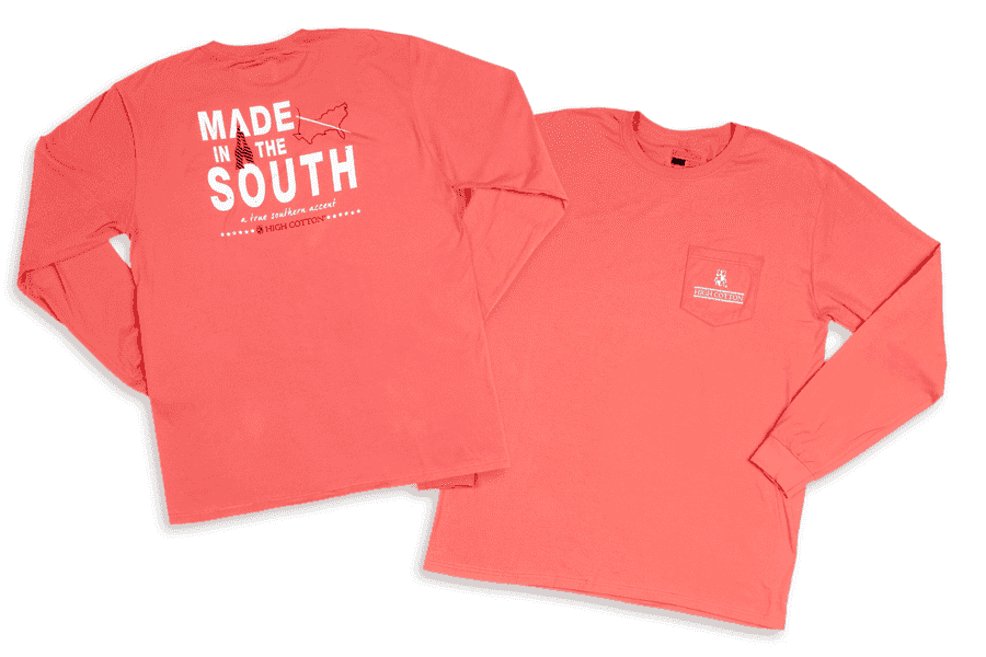 "Made in the South" Long Sleeve Pocket Tee in Sunset Red by High Cotton - Country Club Prep