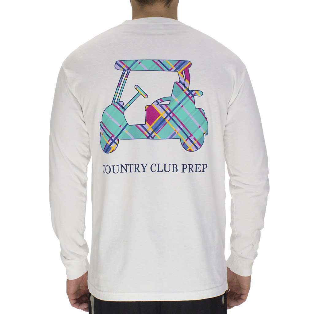 Madras Golf Cart Long Sleeve Tee in White by Country Club Prep - Country Club Prep