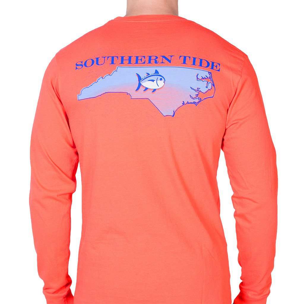 North Carolina Long Sleeve State Tee Shirt in Hot Coral by Southern Tide - Country Club Prep
