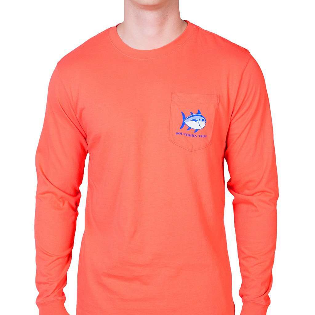 North Carolina Long Sleeve State Tee Shirt in Hot Coral by Southern Tide - Country Club Prep