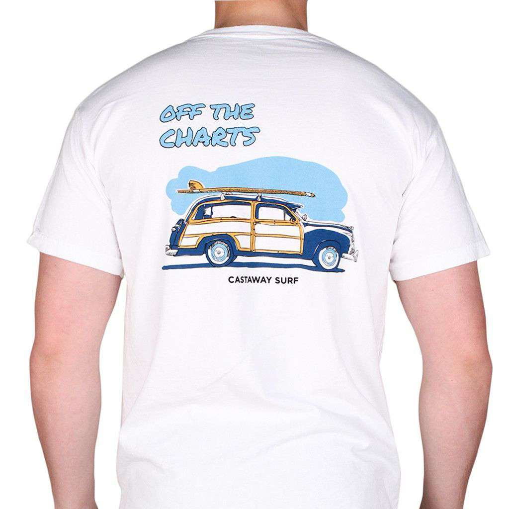 Old School Woody Surfboard Beach Tee in White by Castaway Clothing - Country Club Prep