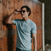Puremeso Heathered Short Sleeve Henley in Faded Denim by The Normal Brand - Country Club Prep