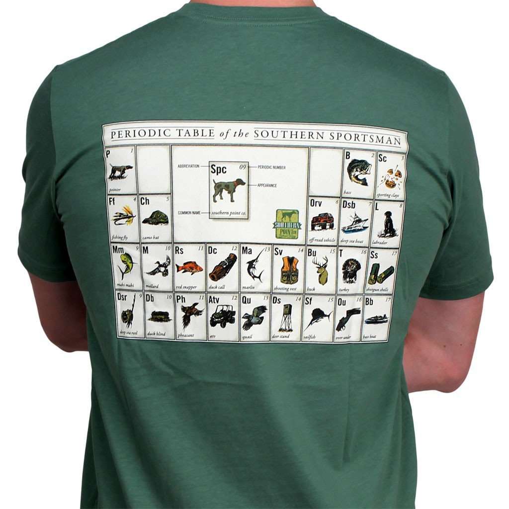 Short Sleeve Periodic Table of the Southern Sportsman in Moss Green by Southern Point Co. - Country Club Prep