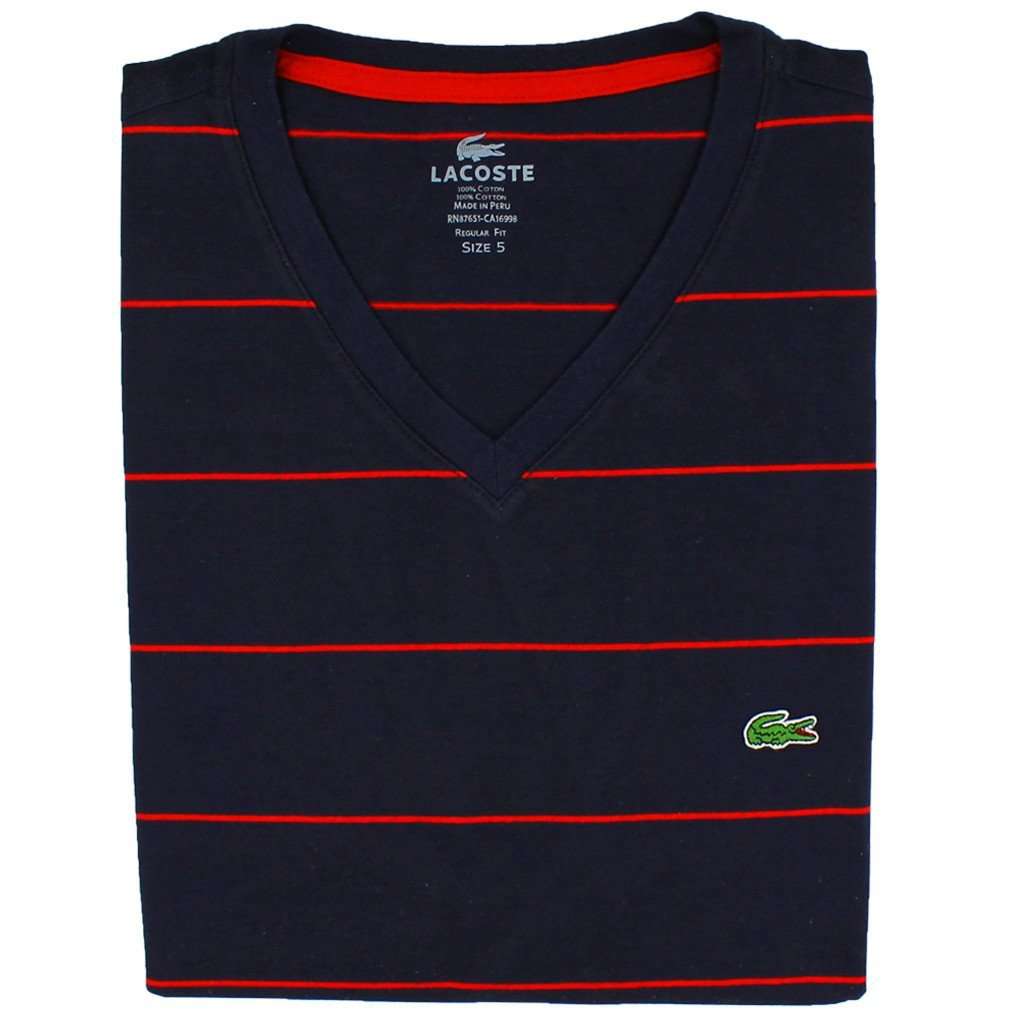 Short Sleeve Pima Jersey Striped V-neck T-Shirt in Navy and Red by Lacoste - Country Club Prep