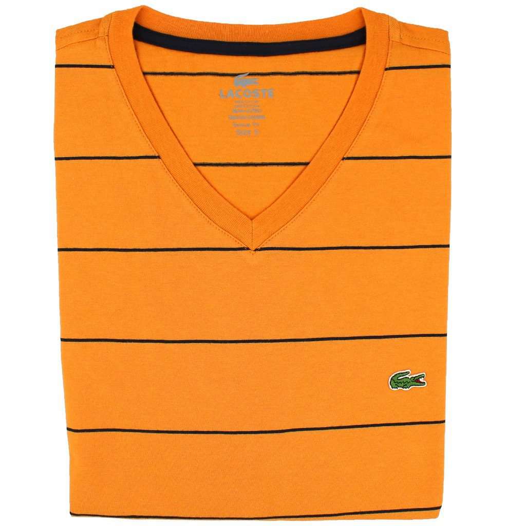Short Sleeve Pima Jersey Striped V-neck T-Shirt in Orange and Navy by Lacoste - Country Club Prep