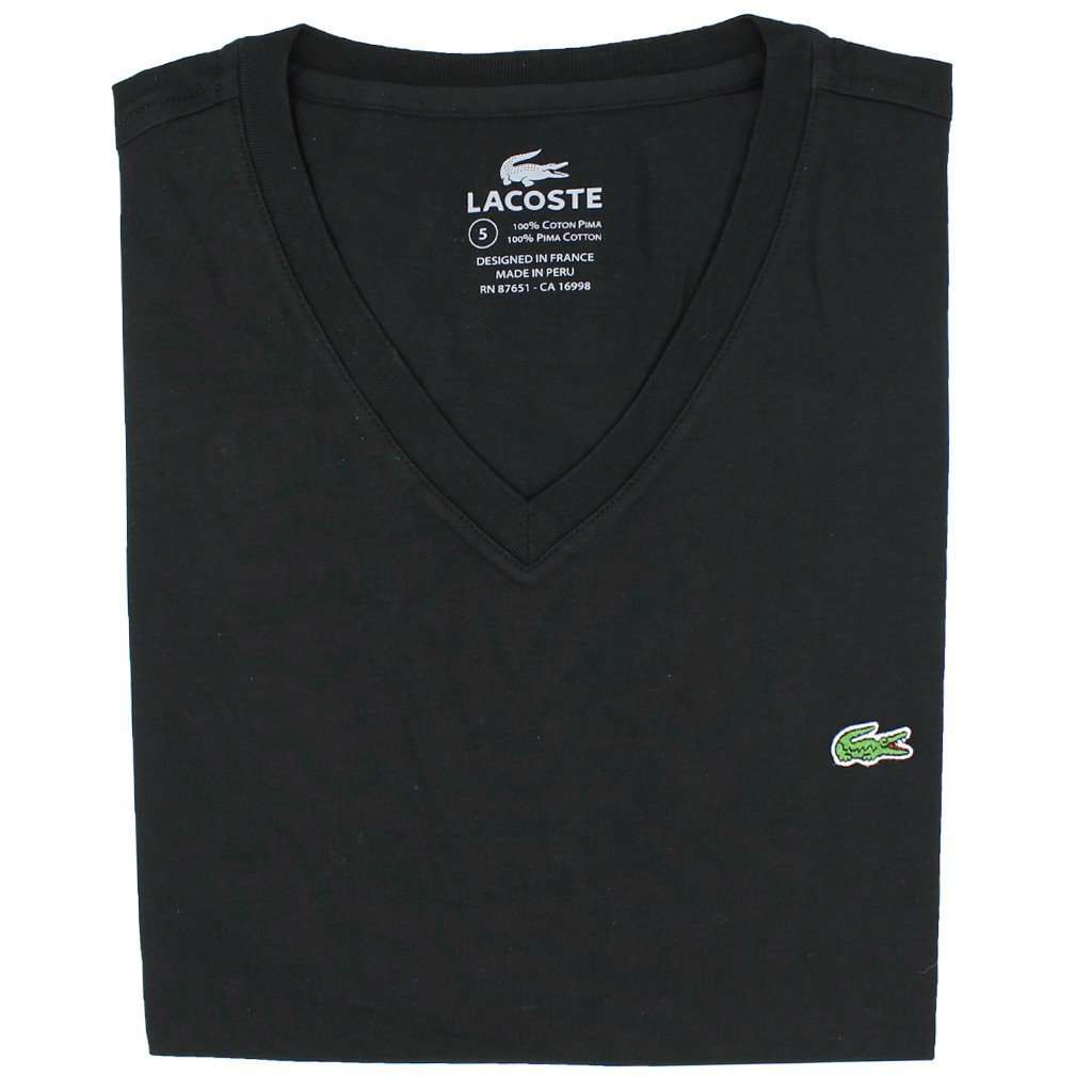 Short Sleeve Pima Jersey V-neck T-shirt in Black by Lacoste - Country Club Prep