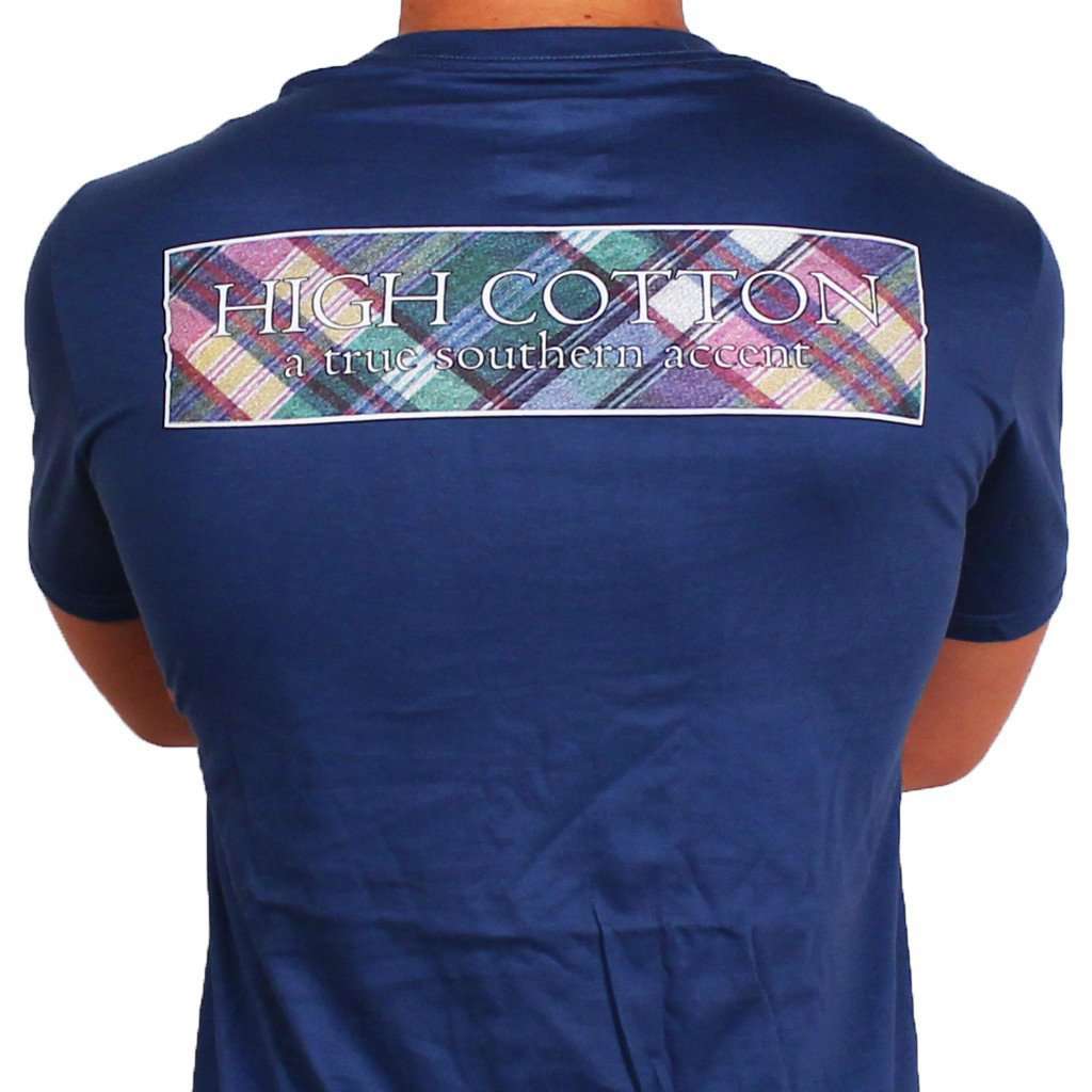 Signature Logo Plaid Pocket Tee in Navy by High Cotton-Large - Country Club Prep