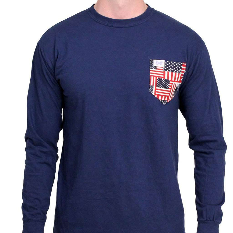The Betsy Unisex Long Sleeve in Deep Sea Navy with American Flag Pocket by the Frat Collection - Country Club Prep