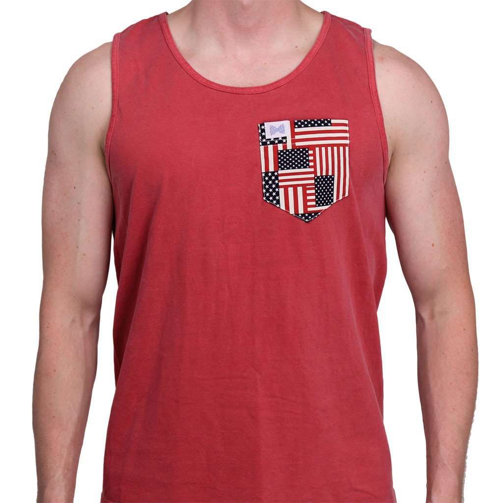 The Betsy Unisex Tank Top in Crimson with American Flag Pocket by the Frat Collection - Country Club Prep
