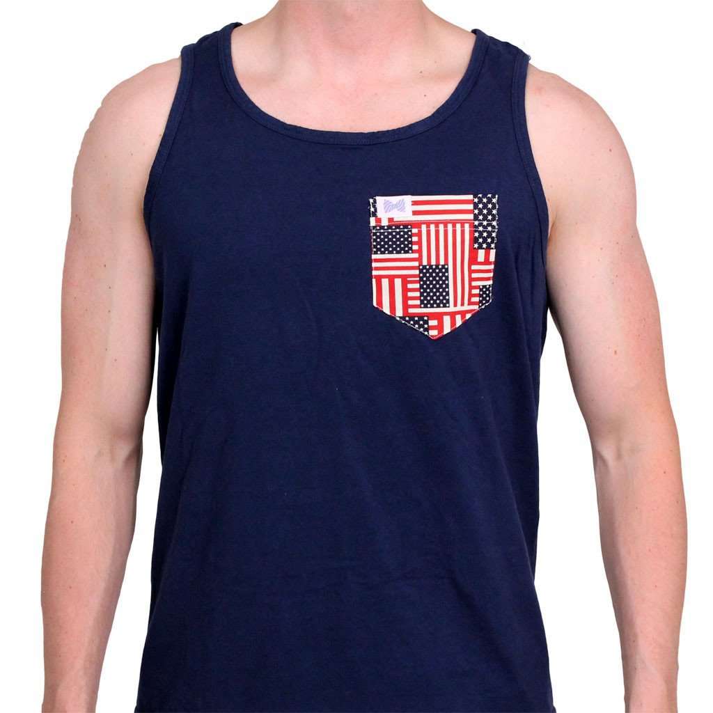 The Betsy Unisex Tank Top in Deep Sea Navy with American Flag Pocket by the Frat Collection - Country Club Prep