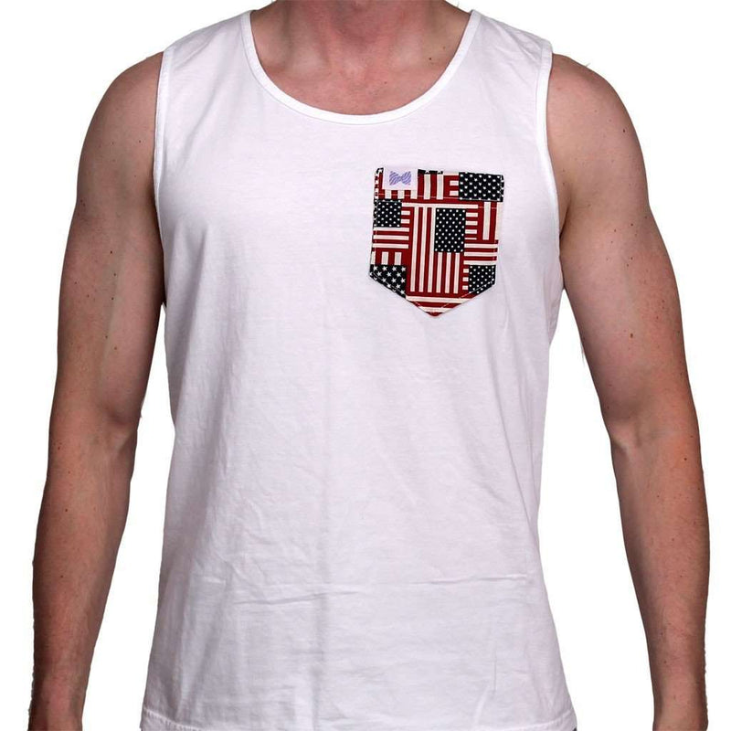 The Betsy Unisex Tank Top in White with American Flag Pocket by the Frat Collection - Country Club Prep
