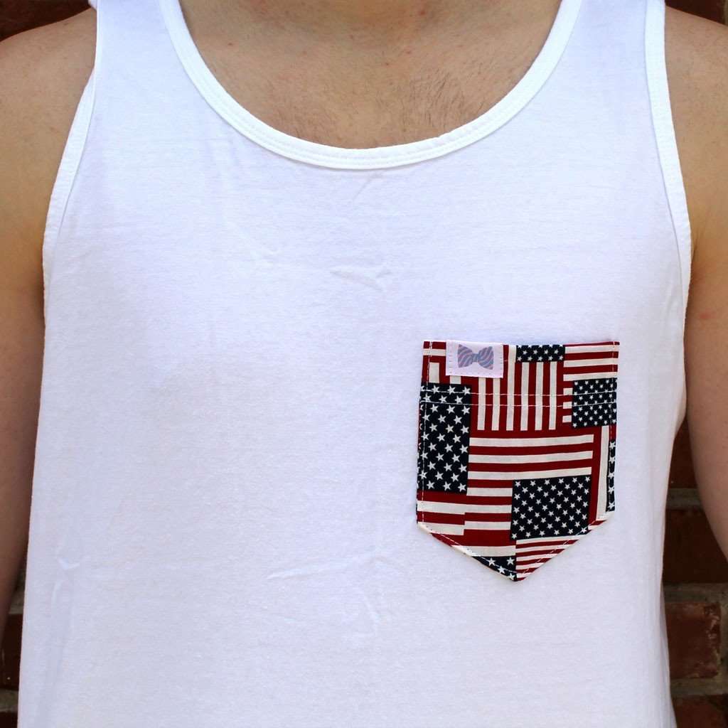 The Betsy Unisex Tank Top in White with American Flag Pocket by the Frat Collection - Country Club Prep