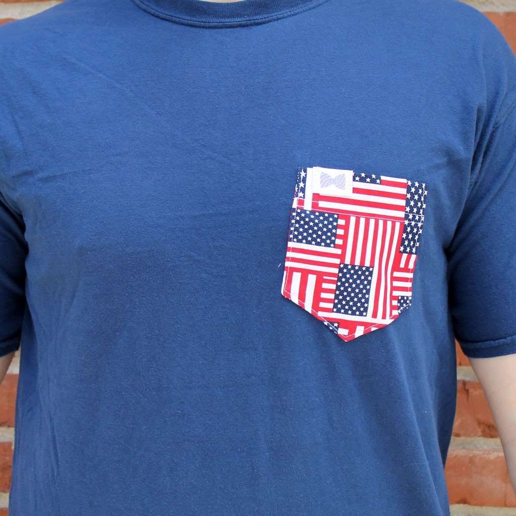 The Betsy Unisex Tee Shirt in Navy with American Flag Pocket by the Frat Collection - Country Club Prep