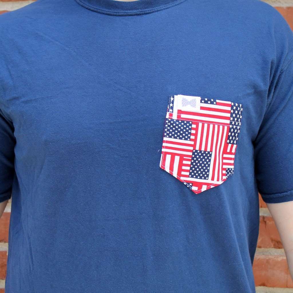 The Betsy Unisex Tee Shirt in Navy with American Flag Pocket by the Frat Collection - Country Club Prep