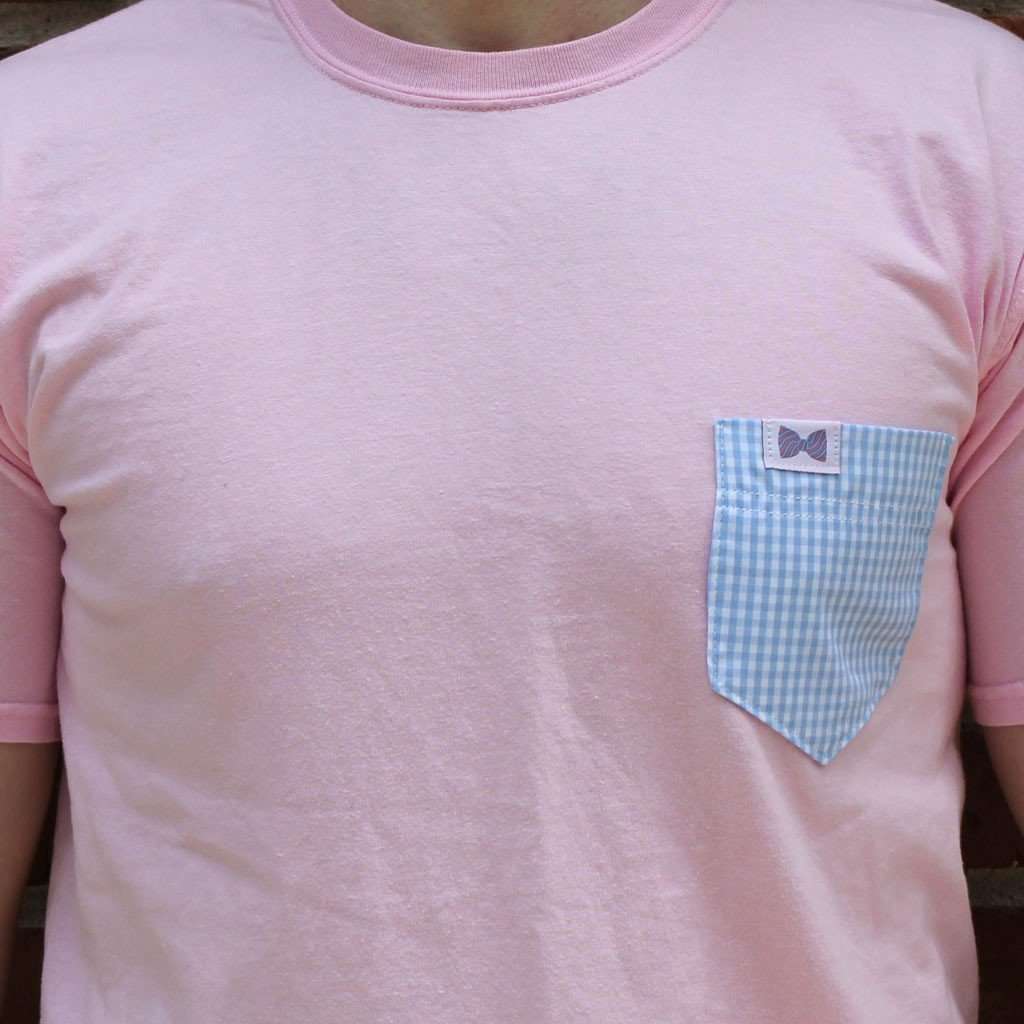 The Bragg Unisex Tee Shirt in Pink with Light Blue Gingham Pocket by the Frat Collection - Country Club Prep