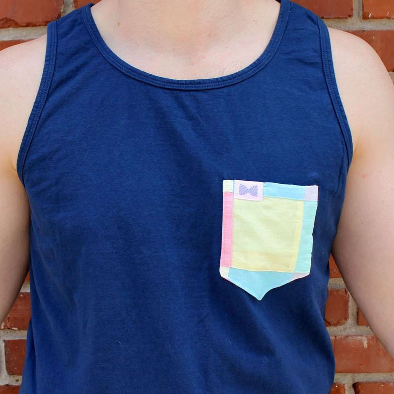 The George Unisex Tank Top in Navy with Patchwork Linen Pocket by the Frat Collection - Country Club Prep