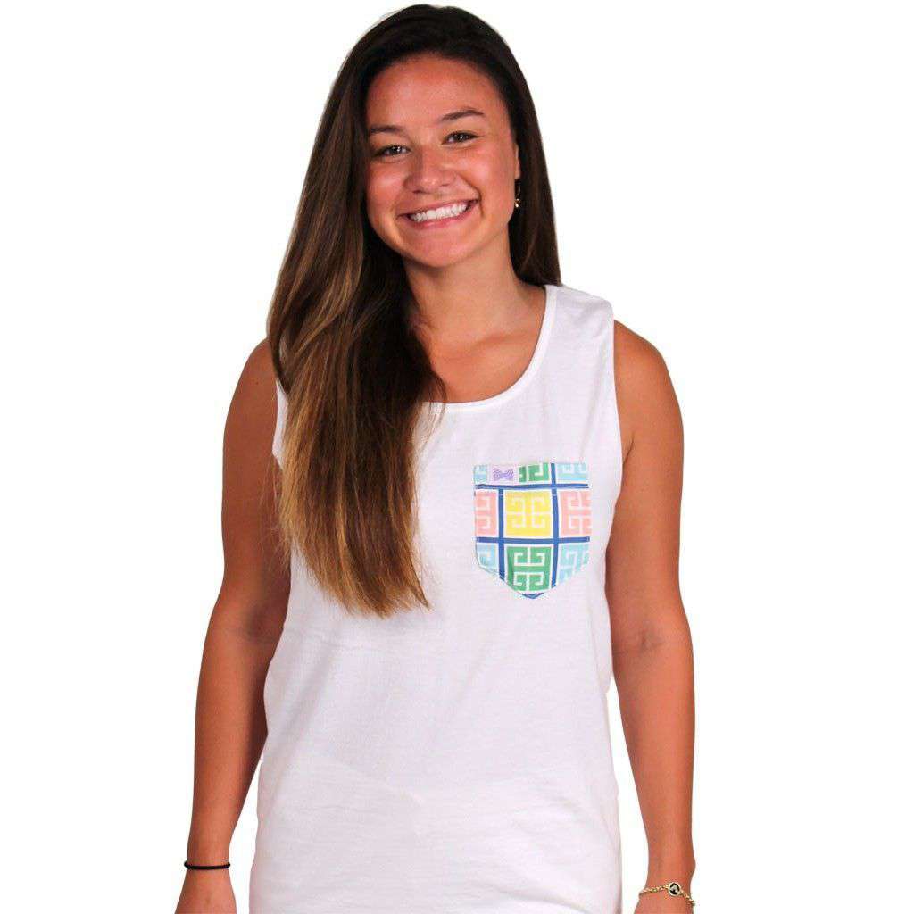 The Greek Key Unisex Tank Top in White with Multi Color Pocket by the Frat Collection - Country Club Prep
