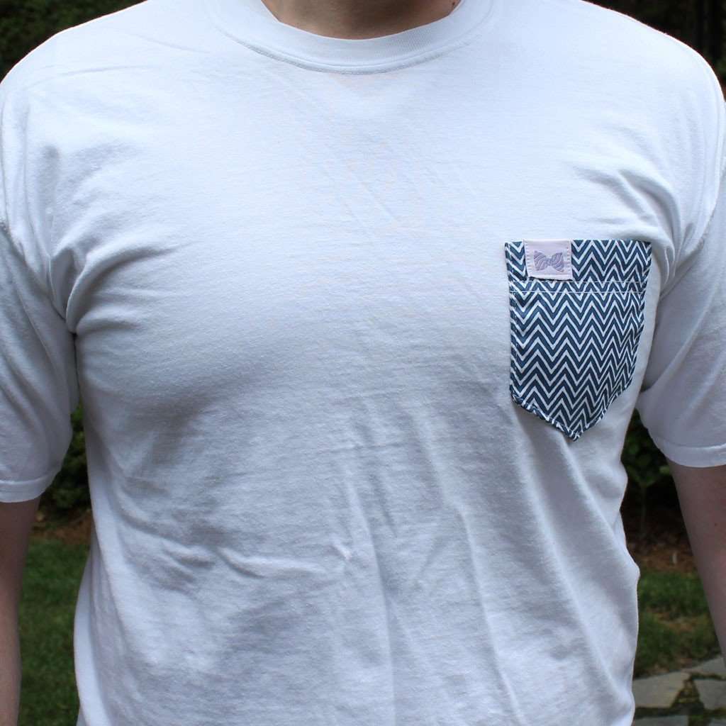 The Kelsey Unisex Tee Shirt in White with Navy Chevron Pattern Pocket by the Frat Collection - Country Club Prep