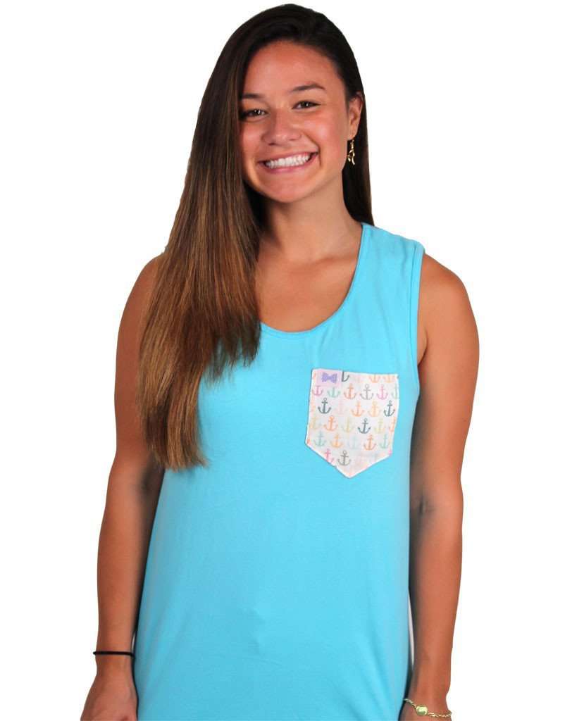 The Multi Anchor Unisex Tank Top in Marlin Blue with Multi Color Anchors Pocket by the Frat Collection - Country Club Prep