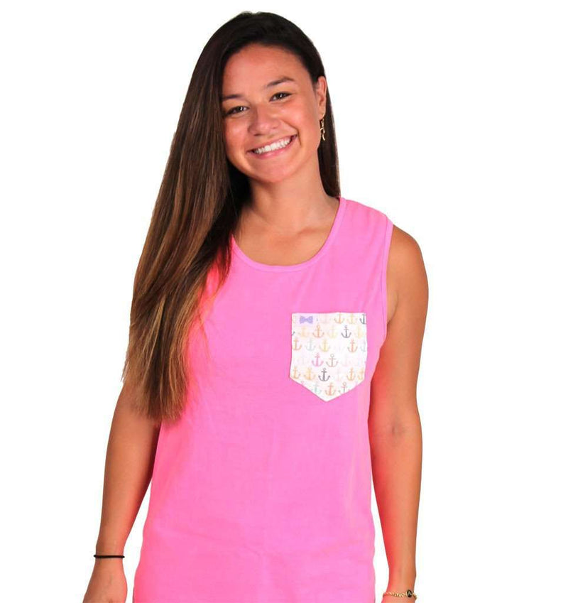 The Multi Anchor Unisex Tank Top in Neon Pink with Multi Color Anchors Pocket by the Frat Collection - Country Club Prep