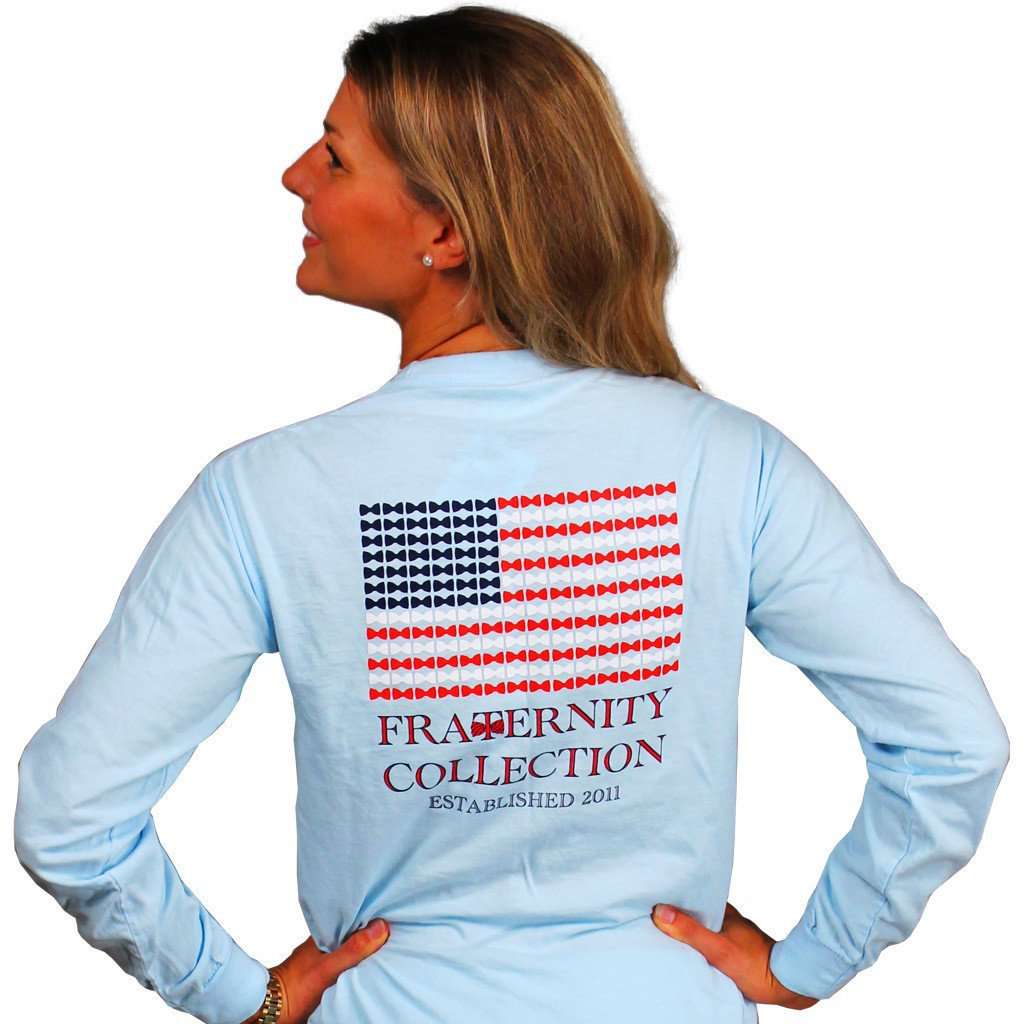 The Patriotic Flag Long Sleeve Tee Shirt in Sky Blue by the Fraternity Collection - Country Club Prep