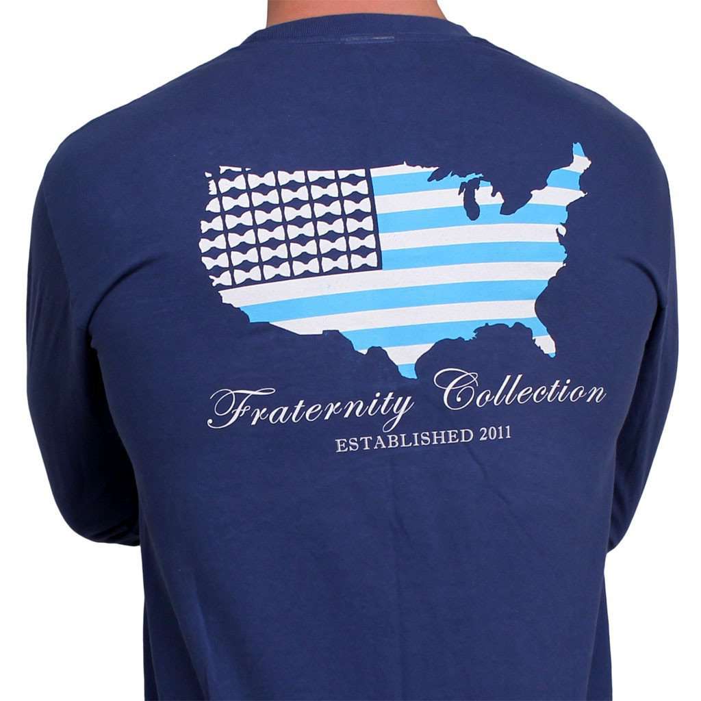 The Patriotic Long Sleeve Tee Shirt in Deep Sea Navy by the Fraternity Collection - Country Club Prep