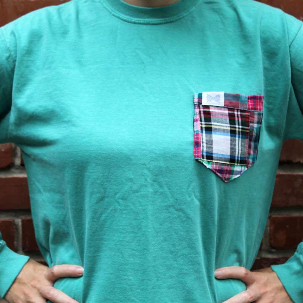 The Price Unisex Long Sleeve Tee Shirt in Seafoam w/ Patchwork Madras Pocket by the Frat Collection - Country Club Prep