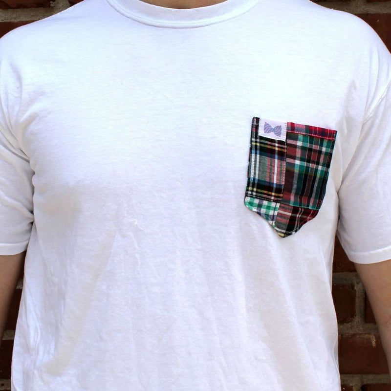 The Price Unisex Tee Shirt in White with Patchwork Madras Pocket by the Frat Collection - Country Club Prep