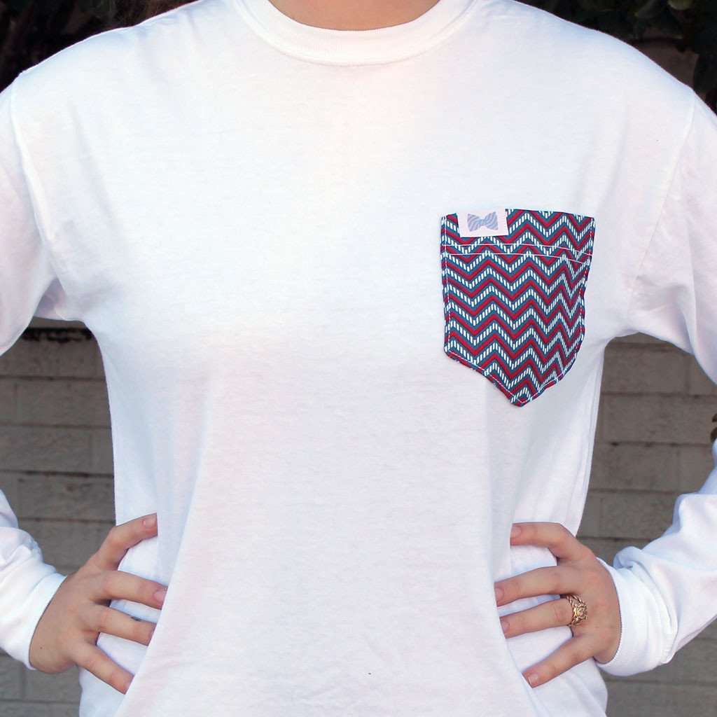 The Shelly Unisex Long Sleeve Tee Shirt in White with Blue/Red Chevron Pocket by the Frat Collection - Country Club Prep