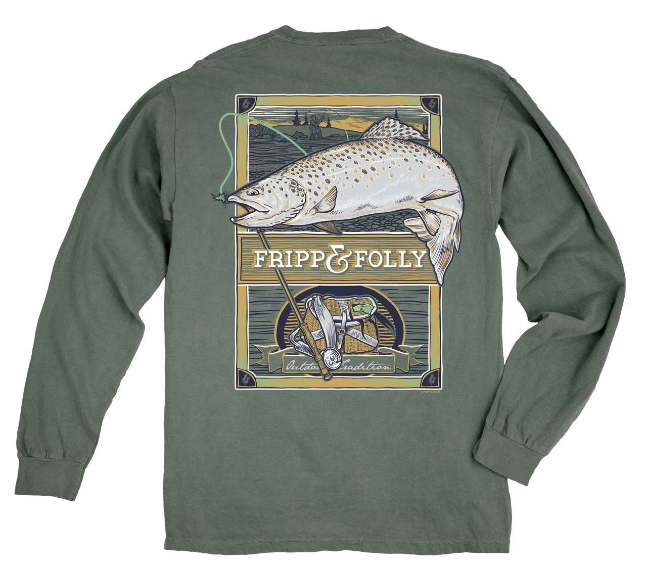 Trout Fishing Long Sleeve Tee in Light Green by Fripp & Folly - Country Club Prep