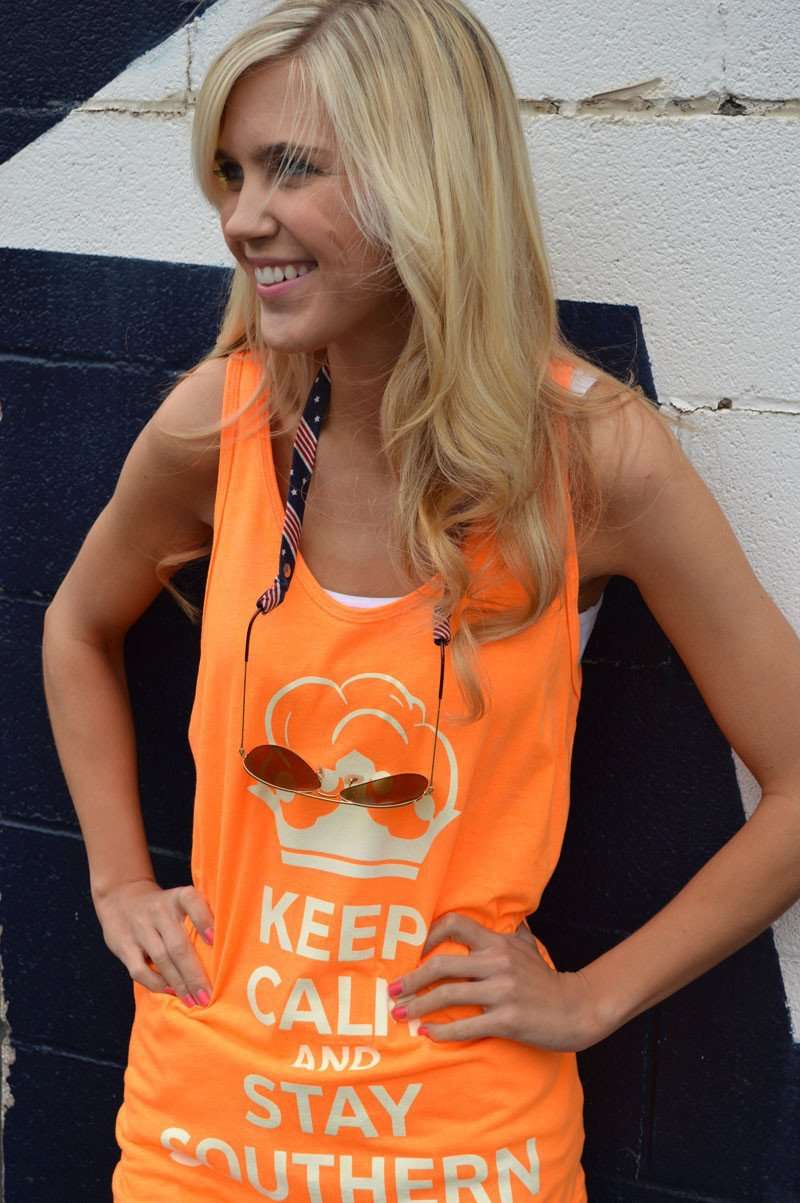 Unisex Keep Calm and Stay Southern Tank Top in Neon Orange - Country Club Prep