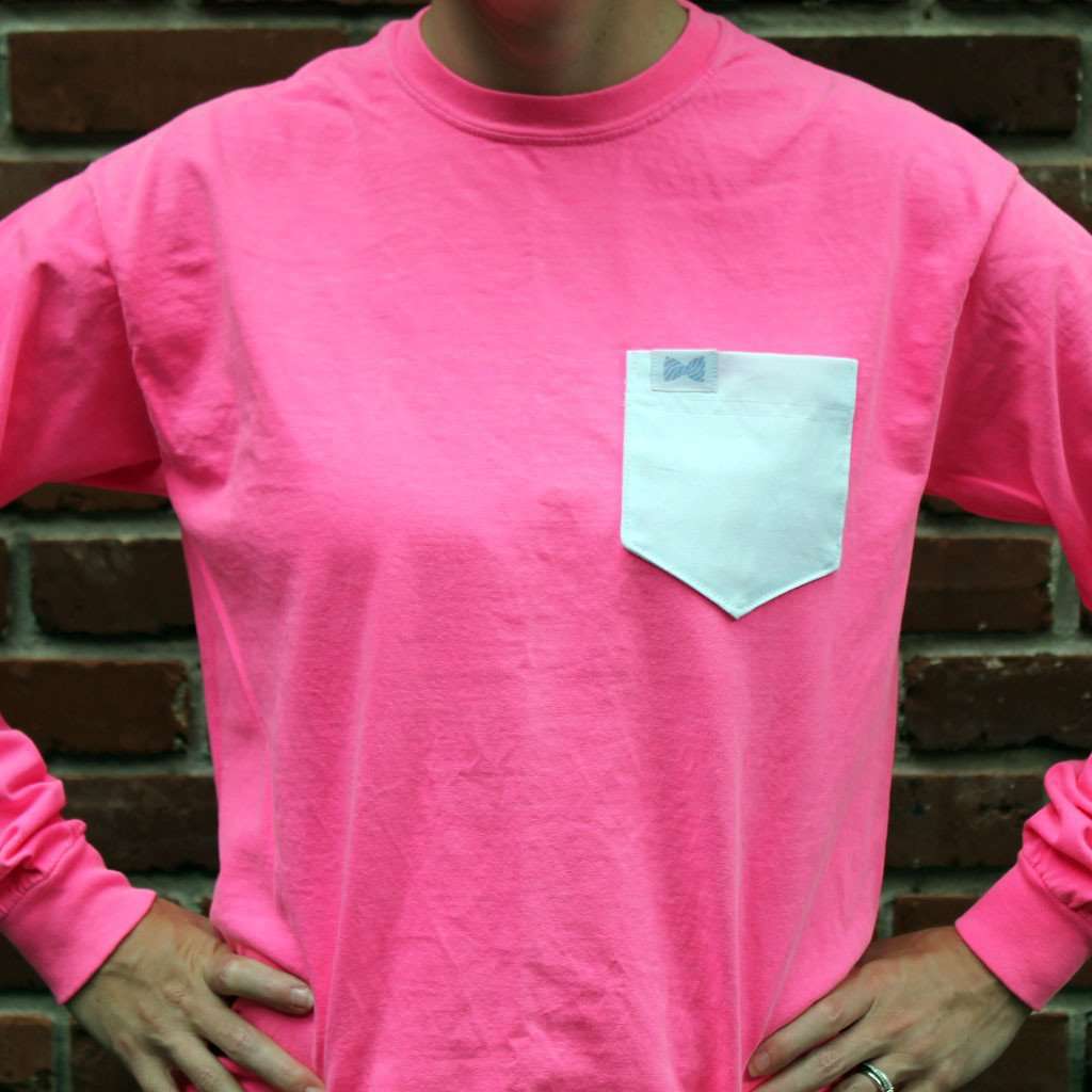 Unisex Long Sleeve Logo Tee Shirt in Neon Pink Flamingo with White Oxford Pocket by the Frat Collection - Country Club Prep