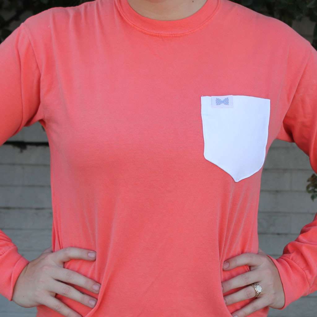 Unisex Long Sleeve Logo Tee Shirt in Salmon Orange with White Oxford Pocket by the Frat Collection - Country Club Prep