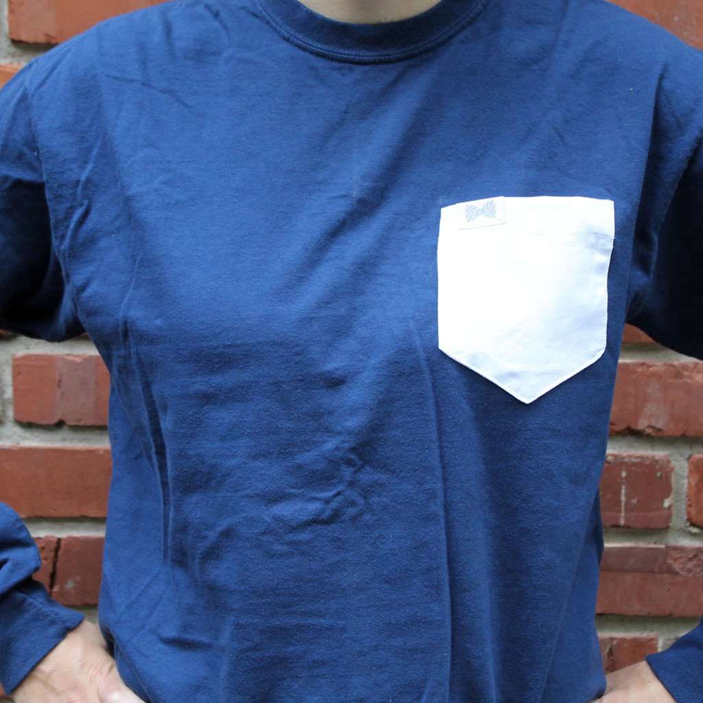 Unisex Long Sleeve Tee Shirt in Navy with White Oxford Pocket by the Frat Collection - Country Club Prep