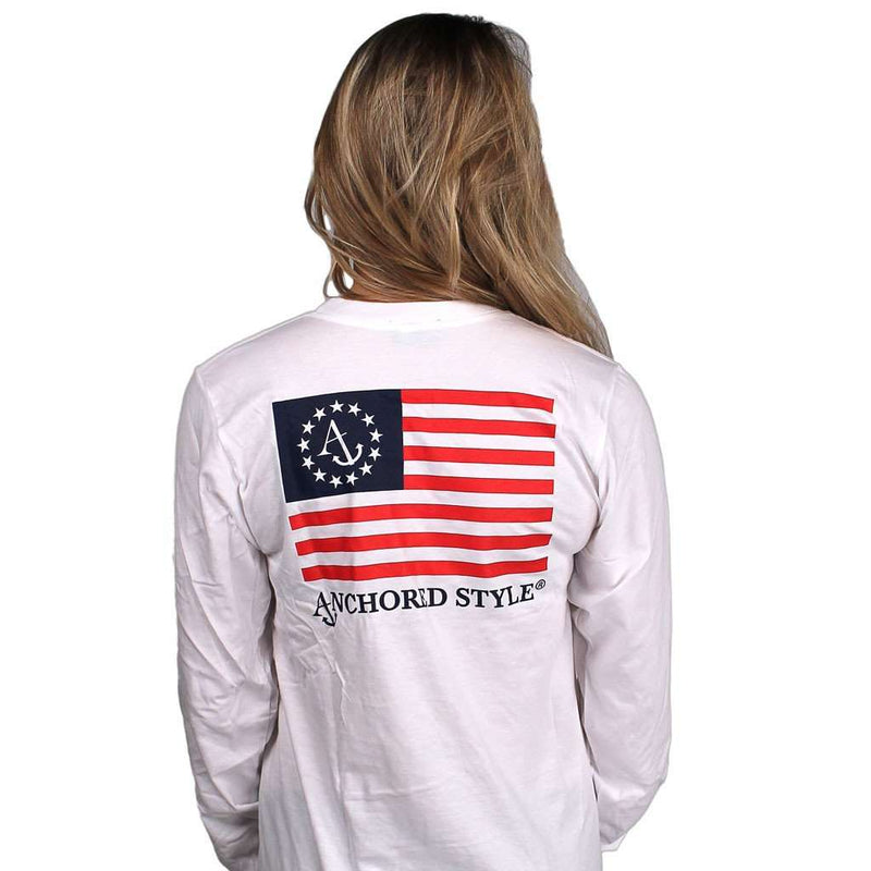 Long Sleeve Anchored Ensign Flag in White by Anchored Style - Country Club Prep