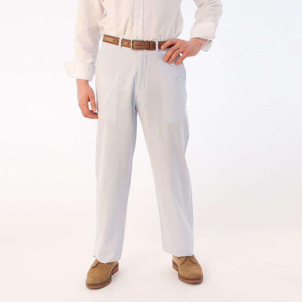 Harbor Pants Plain Blue Seersucker (unfinished inseam) by Castaway Clothing - Country Club Prep