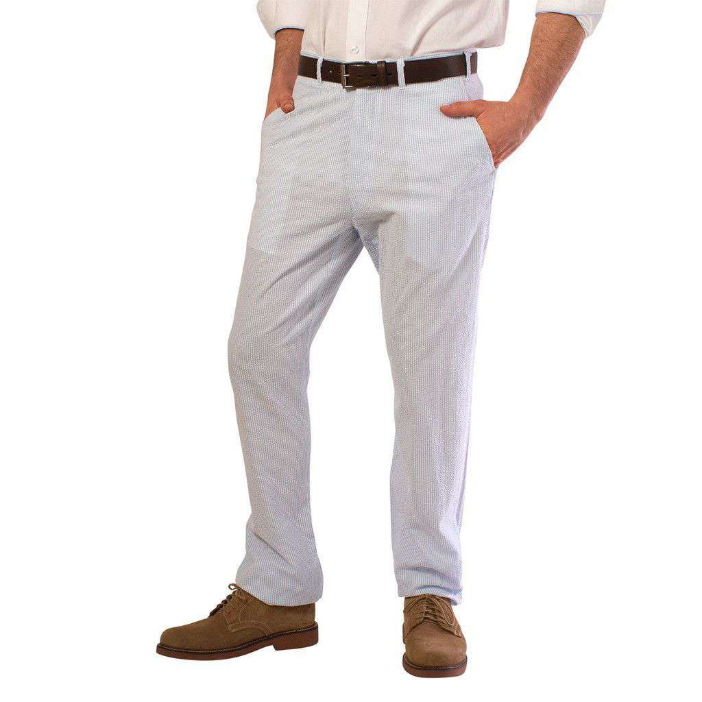 Harbor Pants Plain Blue Seersucker (32" inseam) by Castaway Clothing - Country Club Prep