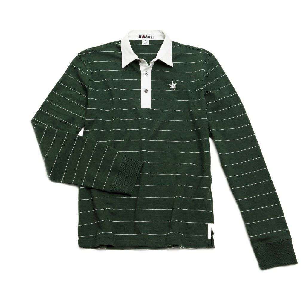 Heavy Jersey Long Sleeve Polo in Moss Green with Ivory Stripes by Boast - Country Club Prep