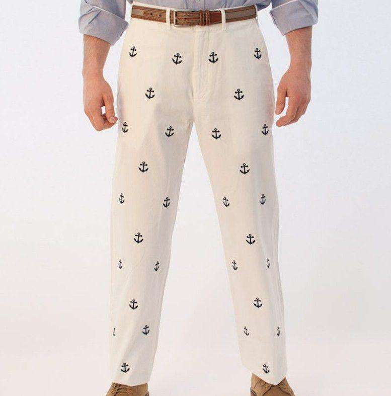 Embroidered Harbor Pants in White with Navy Anchors by Castaway Clothing - Country Club Prep