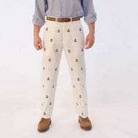 Embroidered Harbor Pants in White with Navy Anchors by Castaway Clothing - Country Club Prep