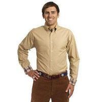 Straight Wharf Button Down in Chino Khaki With Harvest Plaid Trim by Castaway Clothing - Country Club Prep