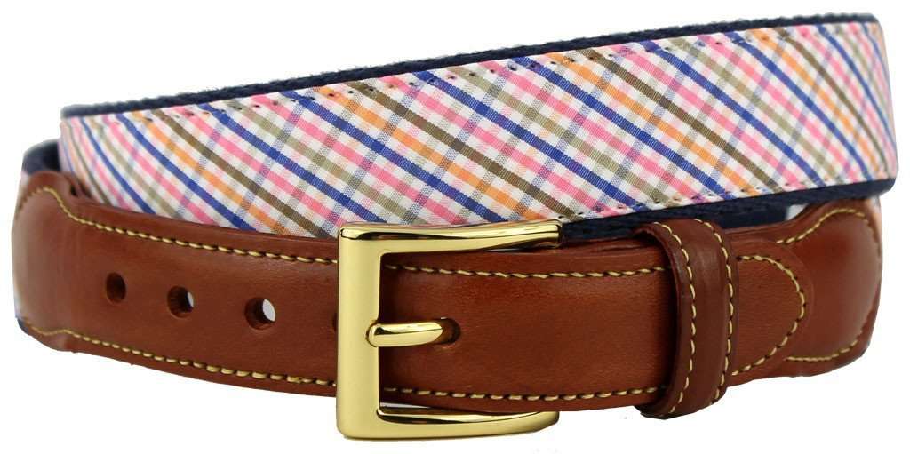 Keswick Tattersall Leather Tab Belt in MultiColor on Navy Canvas by Country Club Prep - Country Club Prep