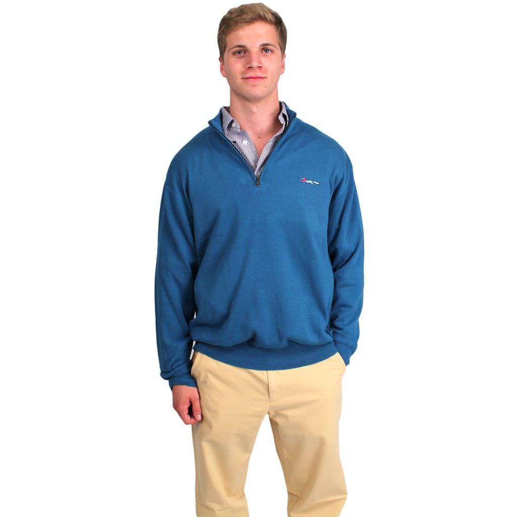 Country Club Prep Cotton 1/4 Zip Sweater in Tide Blue