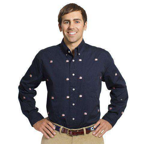 Straight Wharf Button Down in Nantucket Navy with Capitalistic Pigs by Castaway Clothing - Country Club Prep